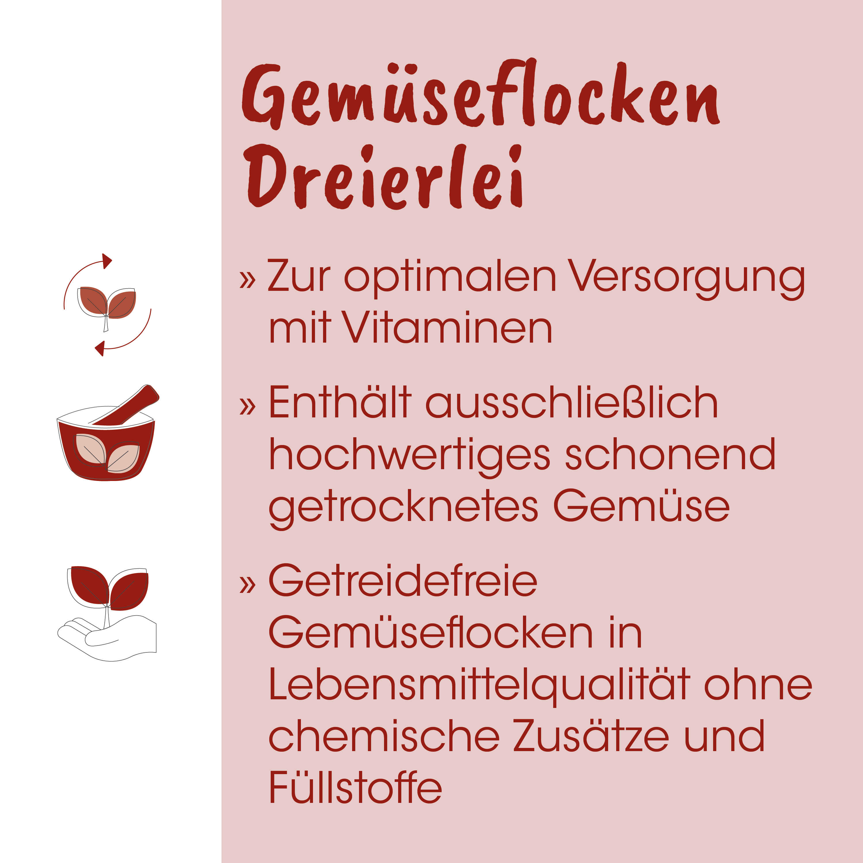 Gemüseflocken, Dreierlei, Vitaminen, Getreidefrei, Lebensmittelqualität