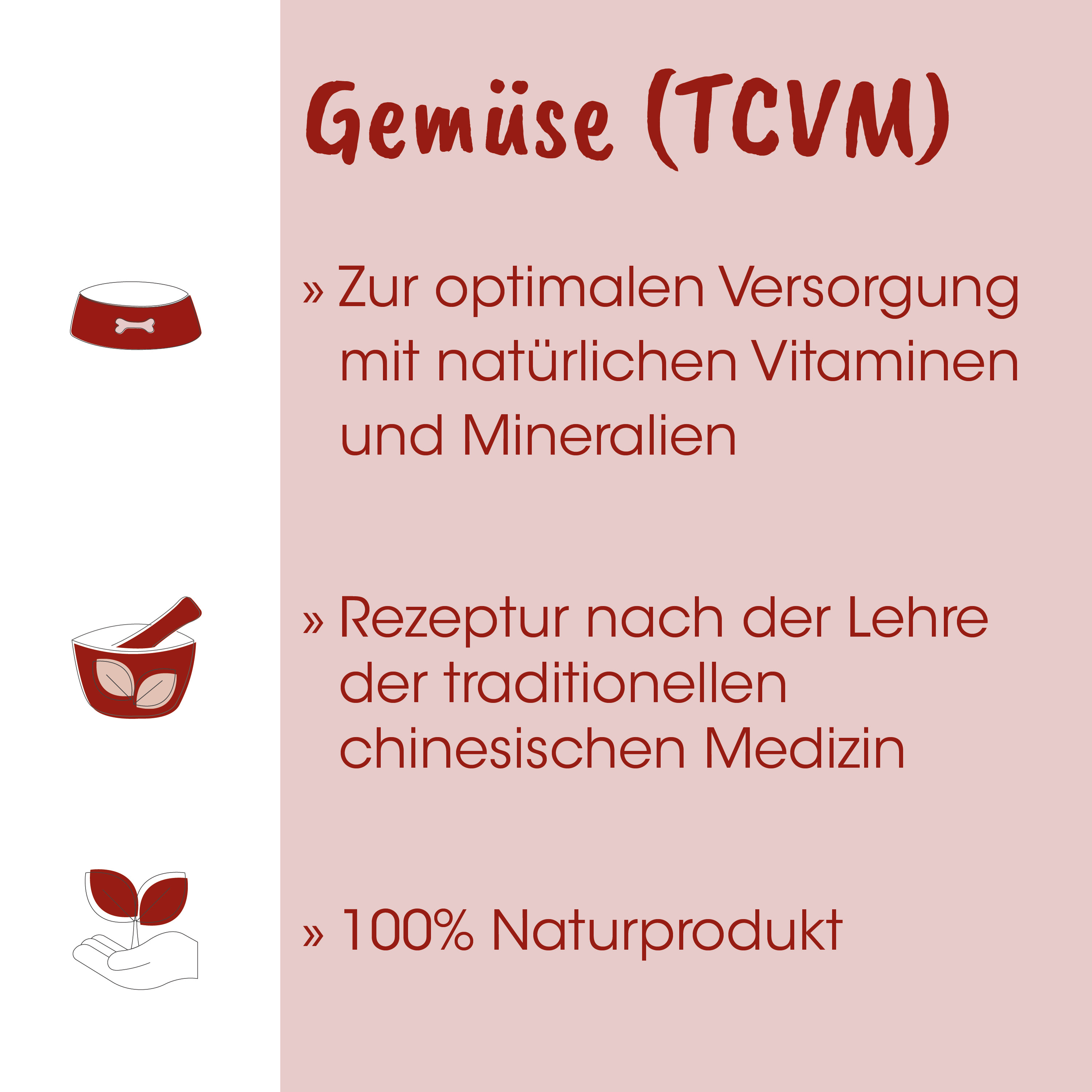 Küchenutensil, Mörser und Stößel, Blatt-Symbol, Pflanze, Hand]]}】} Wait. This is wrong. Let's provide proper. The image shows a product label with German text about vegetables? It shows icons: a dog bowl, a mortar and pestle with leaves, a hand holding a 