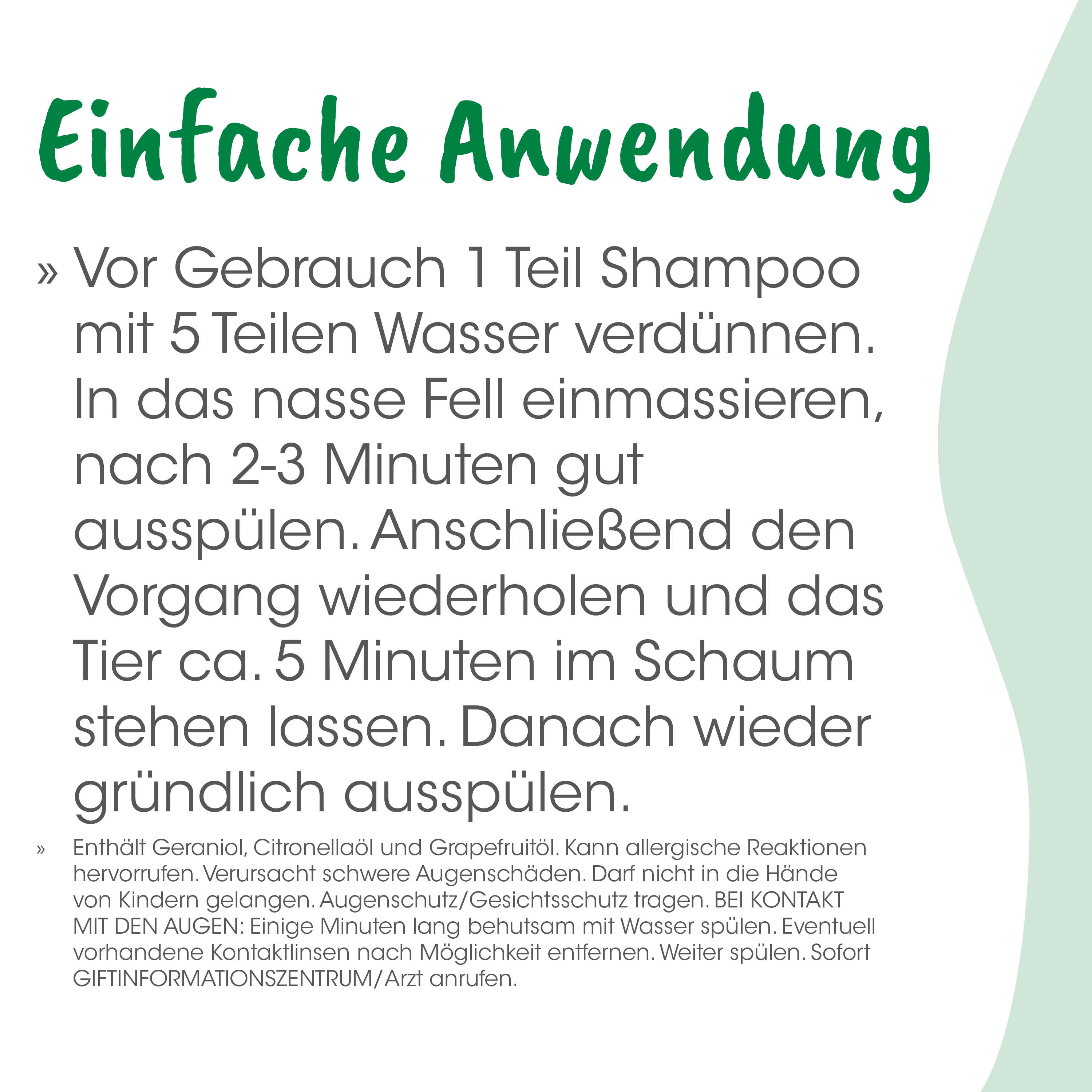 Shampoo, Shampoo-Anweisung, Vor Gebrauch, Wasserverdünnung, Anweisungen