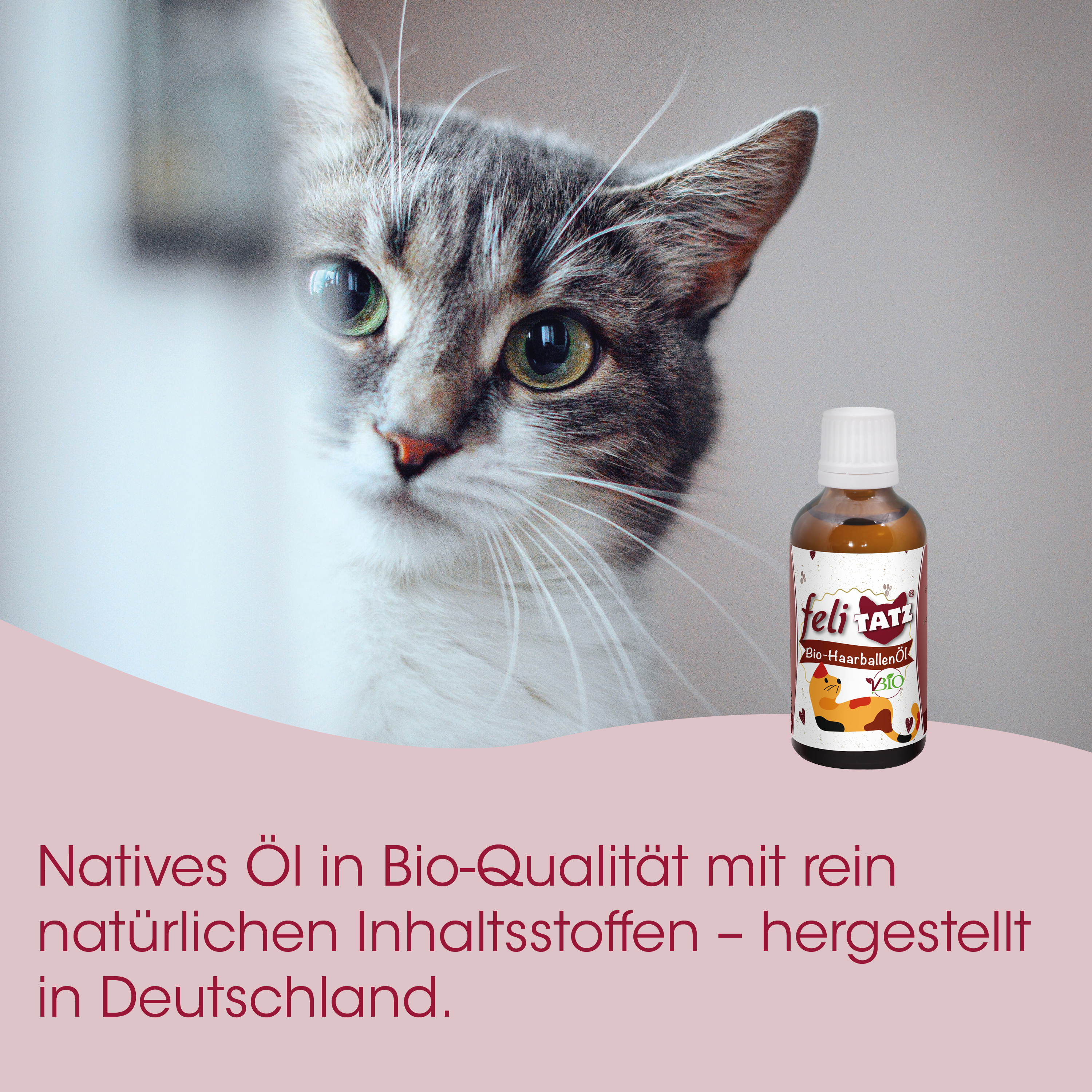 Katzenfutter, Haaröl, Bio-Qualität, Haarbalm, Produktflasche