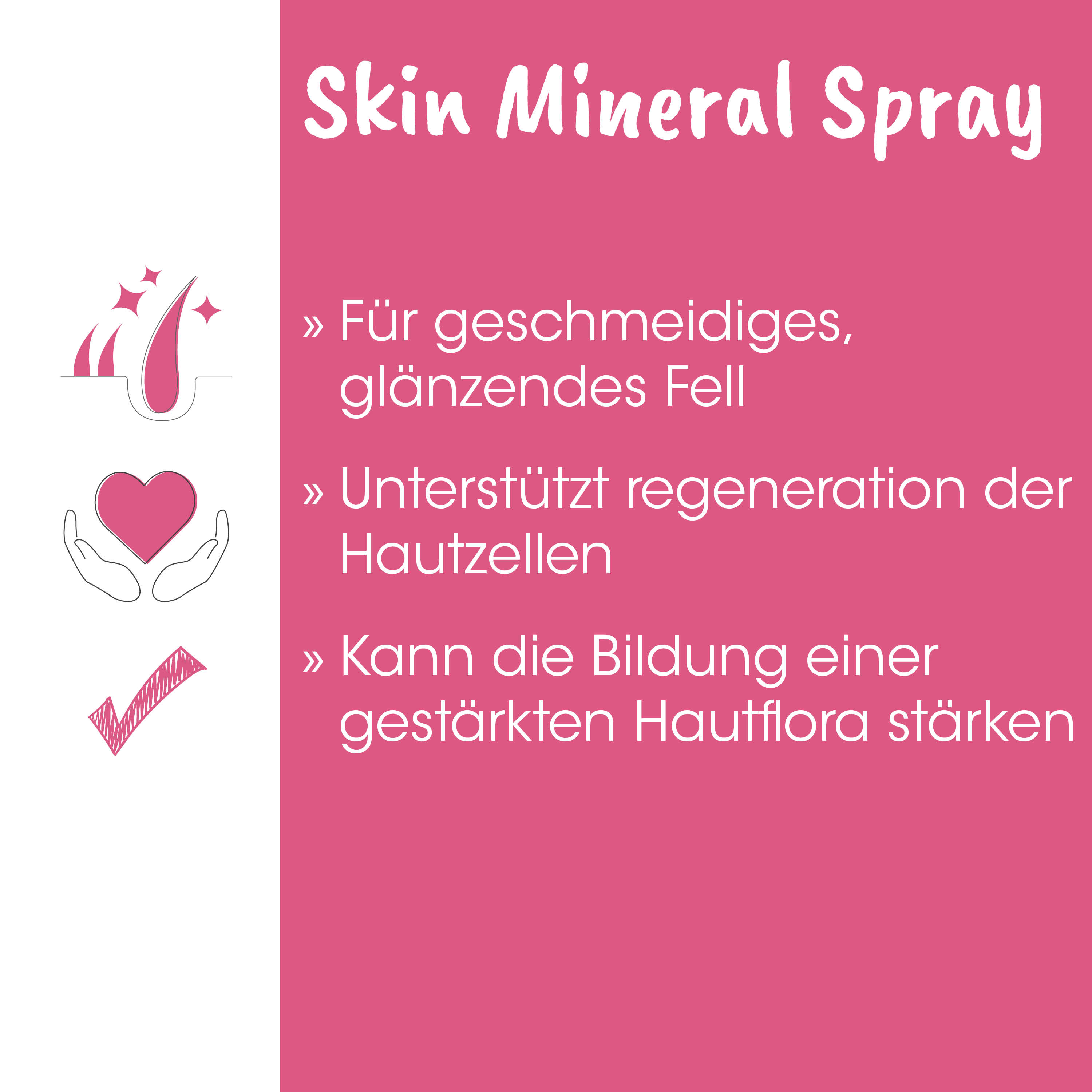 Skin Mineral Spray, pink panel, check mark, heart hands, graphics icons